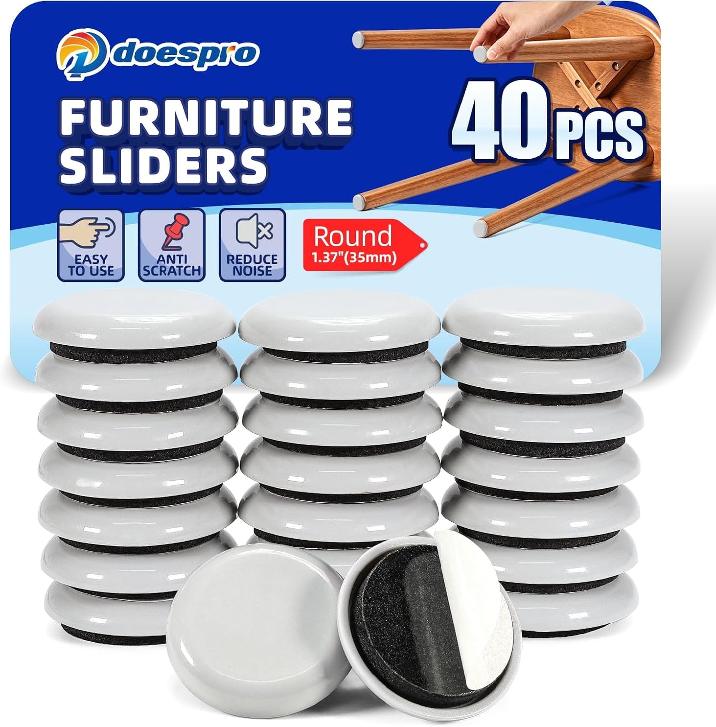 40PCS 1.4" Furniture Sliders for Hardwood Floors & Carpet, Self-Stick | PE Round Furniture Pads & Chair Glides for Hardwood Floors, Floor Protectors for Moving Furniture & Kitchen Appliances Easily