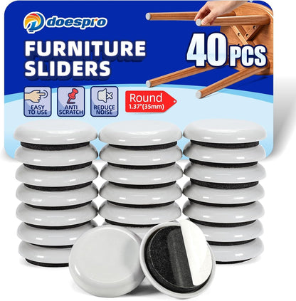 40PCS 1.4" Furniture Sliders for Hardwood Floors & Carpet, Self-Stick | PE Round Furniture Pads & Chair Glides for Hardwood Floors, Floor Protectors for Moving Furniture & Kitchen Appliances Easily