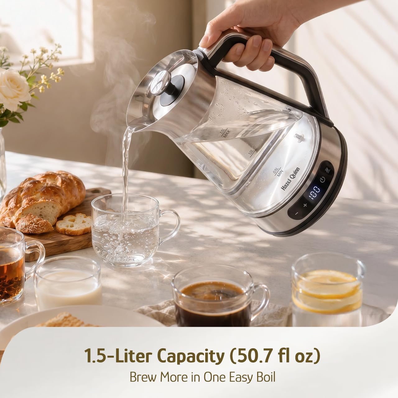 Hazel Quinn Glass & Stainless Steel Electric Kettle, 1.5 Liters Tea Kettle | Quiet Boil, ±1°C Temp Control, 24H Keep Warm, Anti-Residue Bottom, Auto Shut-Off, BPA-Free Hot Water Kettle, 1000W Fast Boil