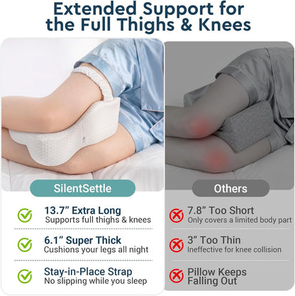 Long Knee Pillow for Side Sleepers with Strap - Large Leg Pillow for Side Sleeping with Full Thigh & Knee Support, Memory Foam Alignment Pillows for Sciatica, Hip & Knee Relief, White