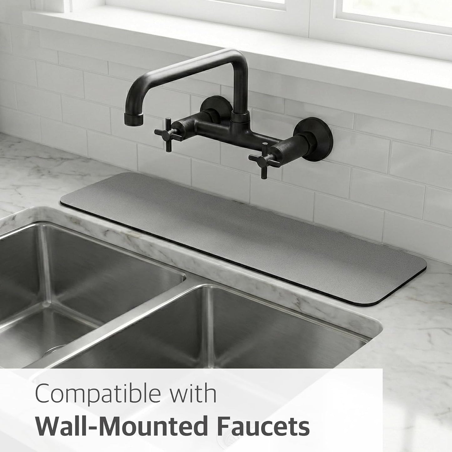 Customizable Kitchen Sink Faucet Mat: 30"Lx5.5"W Absorbent Splash Guard | Non-slip Fabric Rubber Mat, Cut to Fit Oval Rectangle Square Faucet & 2,3,4 Holes Irregular Sink with Soap Dispenser Air Gap