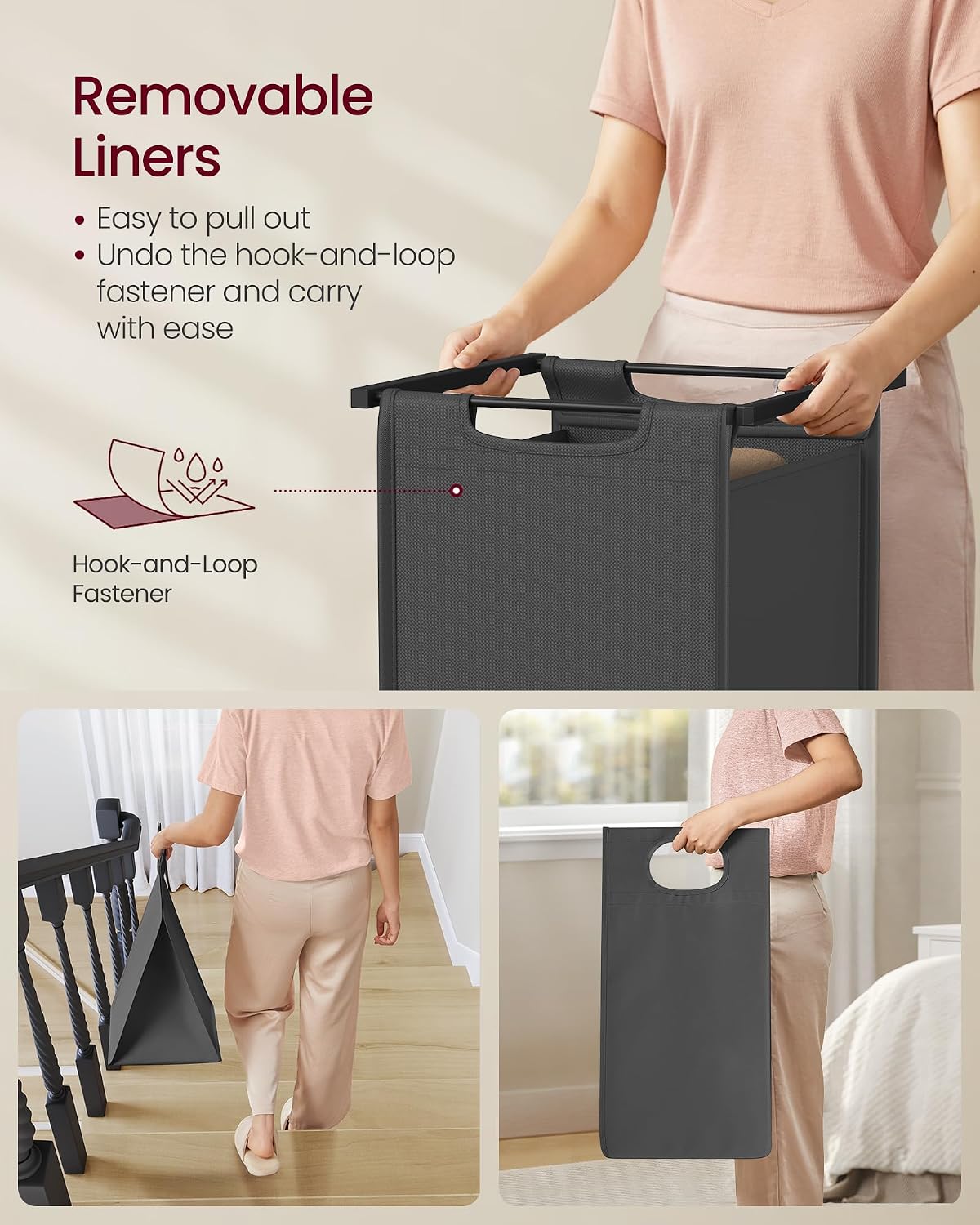 VASAGLE Laundry Hamper, Laundry Basket Sorter with 3 Pull-Out and Removable Bags, Shelf, Metal Frame, 3 x 10.6 Gallons (40 L), 36.4 x 13 x 28.4 Inches, Cappuccino Beige and Natural Beige UBLH301LH01