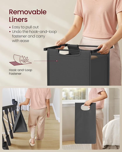 VASAGLE Laundry Hamper, Laundry Basket Sorter with 3 Pull-Out and Removable Bags, Shelf, Metal Frame, 3 x 10.6 Gallons (40 L), 36.4 x 13 x 28.4 Inches, Cappuccino Beige and Natural Beige UBLH301LH01