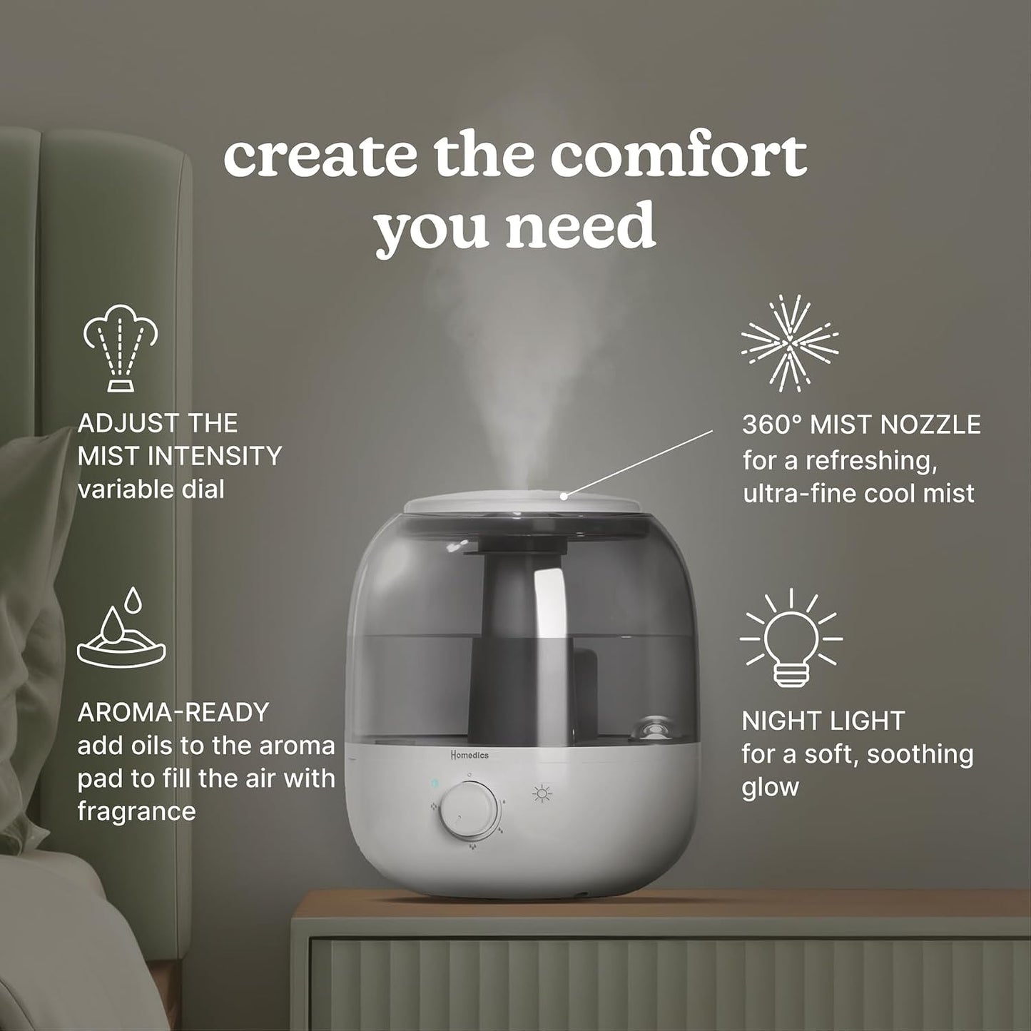 Homedics Ultrasonic Top Fill 0.63-Gallon Humidifier, Cool Mist | 360° Nozzle, Up to 25 Hour Runtime, for Large Room, Bedroom, Nursery, Plants 442 sq. ft