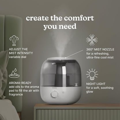 Homedics Ultrasonic Top Fill 0.63-Gallon Humidifier, Cool Mist | 360° Nozzle, Up to 25 Hour Runtime, for Large Room, Bedroom, Nursery, Plants 442 sq. ft