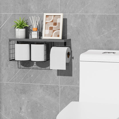 VITVITI Toilet Paper Holder with Shelf, Wall Mounted Storage Basket, Brown | Farmhouse Wall Mount Toilet Paper Holder Shelves, Wood Metal Toilet Roll Wipes Holder for Bathroom