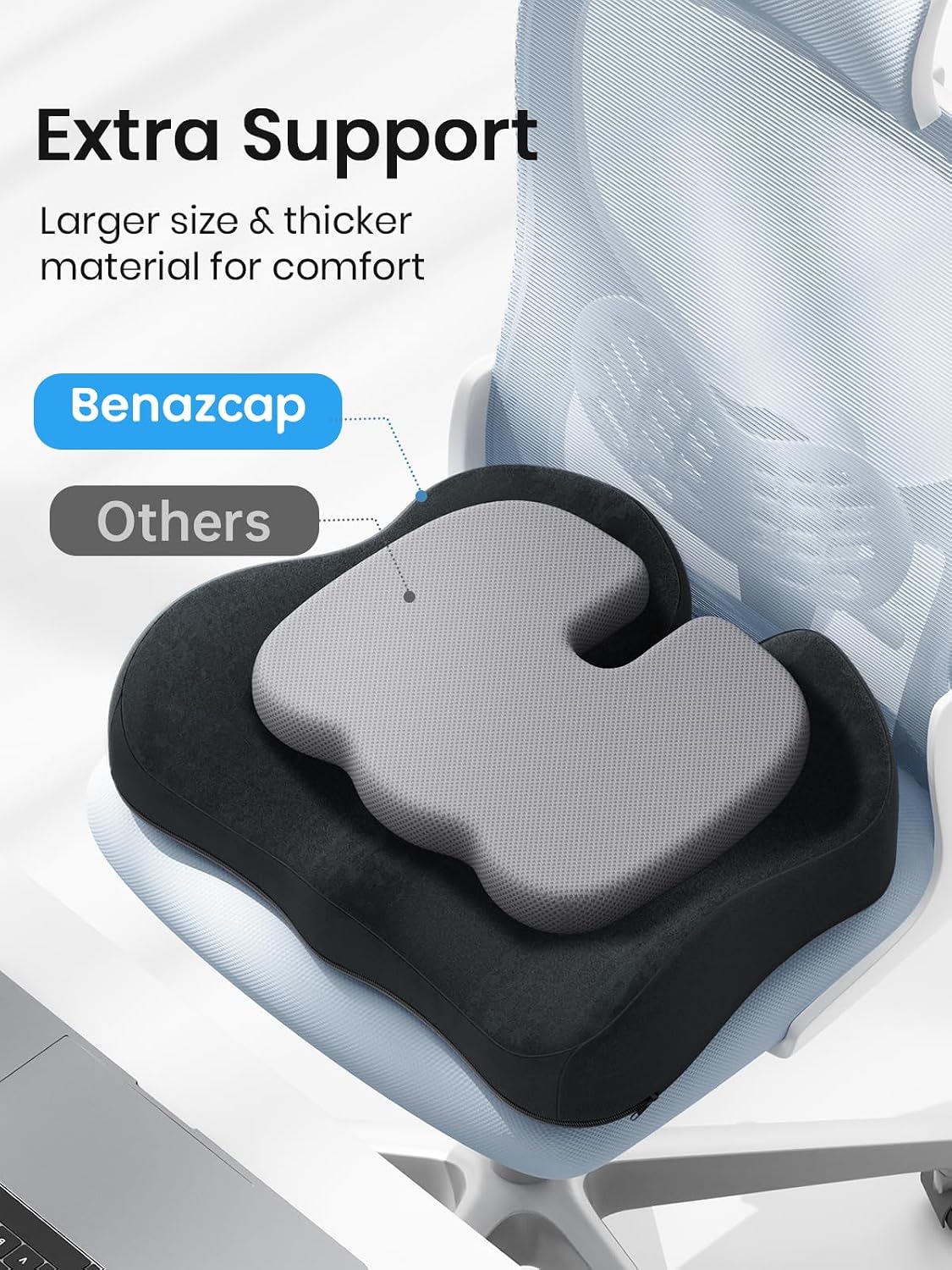 Benazcap Large Memory Foam Office Chair Cushion Seat Pad, Ergonomic Seat Cushion for Sciatica, Tailbone & Back Pain Relief, Car Seat Cushions for Driving