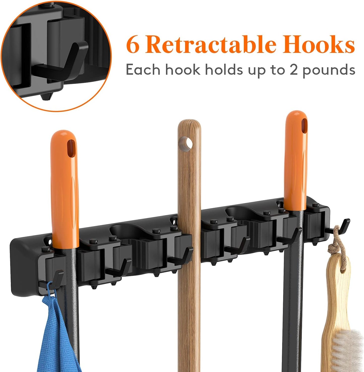 Lifewit Mop and Broom Holder Organzier Wall Hanging Mount, Black, 1 Pack | Anti-Slip Broom Storage for Cleaning Organizer, Easy Install Tool Hanging Rack with 5 slots & 6 hooks for Kitchen, Garage