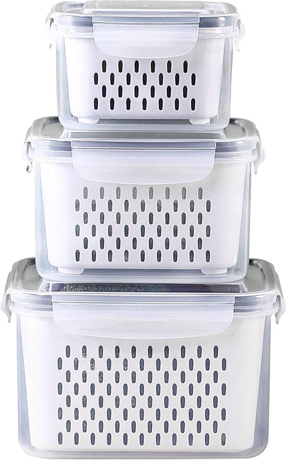 3Pack Fridge Food Storage Container Set with Lids with Strainer, Fruit Vegetable Storage Containers Keep Fruits, Vegetables, Berry, Meat Fresh longer, BPA-Free Plastic Produce Keepers