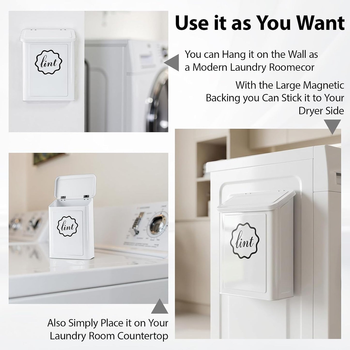 Magnetic Lint Trash Can, Metal Wall Mounted Lint Bin with Lid for Dryer, Laundry Room Organization, Lint Basket with Extended Soft Brush