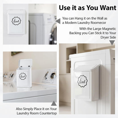 Magnetic Lint Trash Can, Metal Wall Mounted Lint Bin with Lid for Dryer, Laundry Room Organization, Lint Basket with Extended Soft Brush