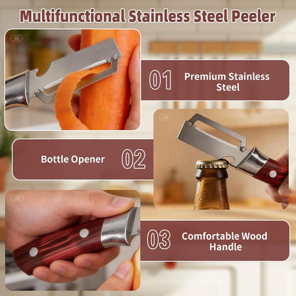 Julienne Peeler Vegetable Peeler for Veggie Potato Carrot(2 Pack) | Multifunctional Cabbage Shredder | 3 in 1 Peeler and Julienne Shredder Tool | Wooden Handle | Bottle Opener