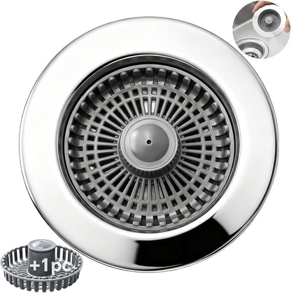 Solid Brass Body 3-in-1 Kitchen Sink Drain Strainer & Stopper, Heavy Duty Pop Up Plug Assembly with 2 Baskets, Anti-Clog Replacement for US Standard 3-1/2 Inch Drains, Rust-Proof Silver