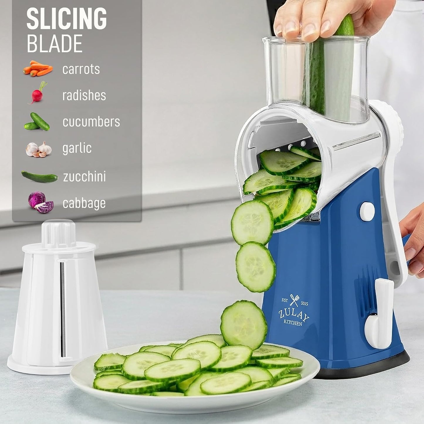 Zulay Kitchen Rotary Cheese Grater 5 Blade Cheese Shredder - Manual Hand Crank Cheese Grater With Reinforced Suction & 5 Interchangeable Drums - Easy to Use, Vegetable Chopper Round Mandoline Slicer - Colors A