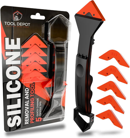3 in 1 Caulking Tool with 6 Silicone Tips – Sealant Finishing & Caulk Remover, Stainless Steel Head, Mastic Remover & Angle Scraper for Bathroom, Kitchen, Floor, Window, Sink | 3-in-1 design: smooths, removes and scrapes in one tool