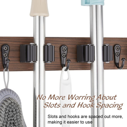 OUTNILI Mop and Broom Holder Wall Mount - Wood Broom Mop Hanger - Wall Mounted Garden Tool Rack Organizer for Closet Garage Laundry Room, Rustic Kitchen Decor With 4 Slots & 4 Hooks