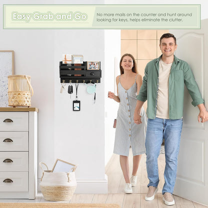 VIS'V Key Holder Wall Mount, Wooden Mail and Key Organizer, White | Contains Little Drawer, Small Shelf, 2 Slots, 6 Hooks, for Entryway, Hallway, Doorway, Kitchen, Garage, RV