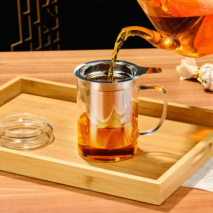 PARACITY Tea Mug with Infuser and Lid, 15 oz Clear Borosilicate Tea Cup | 304 stainless steel strainer handles loose leaf or bagged blends; clear body works with hot or iced drinks and rinses easily