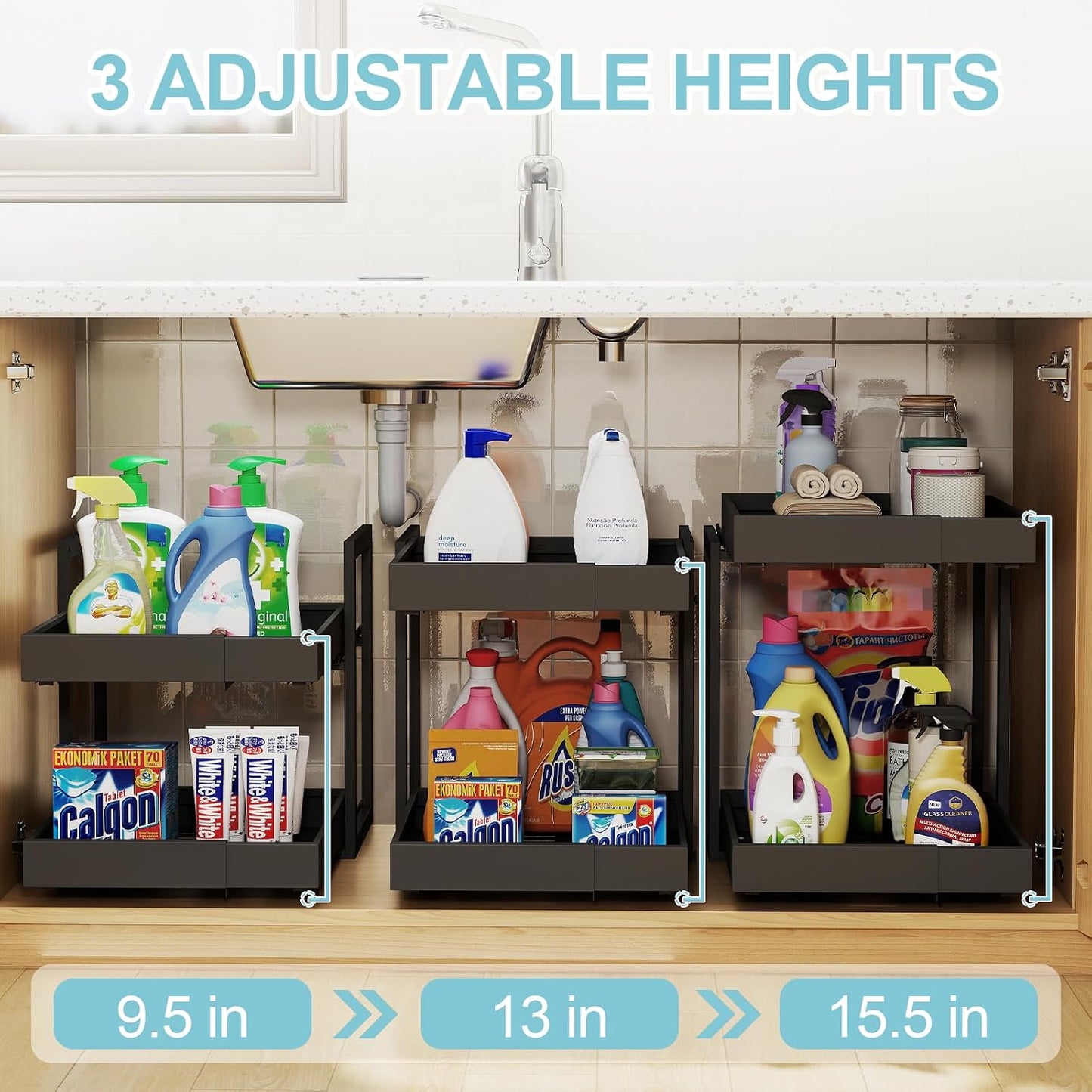 Golener 2-Tier Expandable Pull Out Cabinet Organizer, Cabinet Drawers, 16"D | Cabinet Pull Out shelves, Adjustable Pantry Drawers, Slide Out Drawers for Kitchen Cabinets, Under Sink Organizer, Black