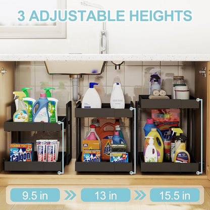 Golener 2-Tier Expandable Pull Out Cabinet Organizer, Cabinet Drawers, 16"D | Cabinet Pull Out shelves, Adjustable Pantry Drawers, Slide Out Drawers for Kitchen Cabinets, Under Sink Organizer, Black