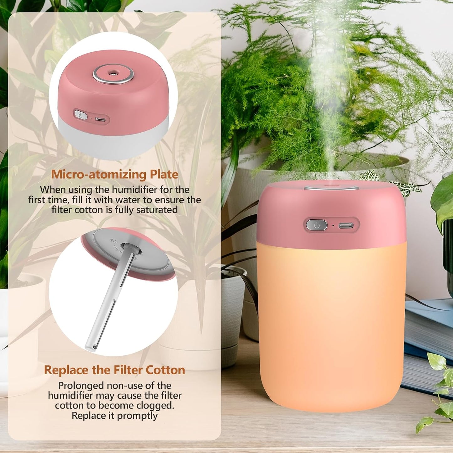 Portable Small Humidifier, 650ml Plant Humidifier, Blue | 7 Colors&Warm Light, Mini Humidifiers for Plants, Bedroom, Office, Dsektop