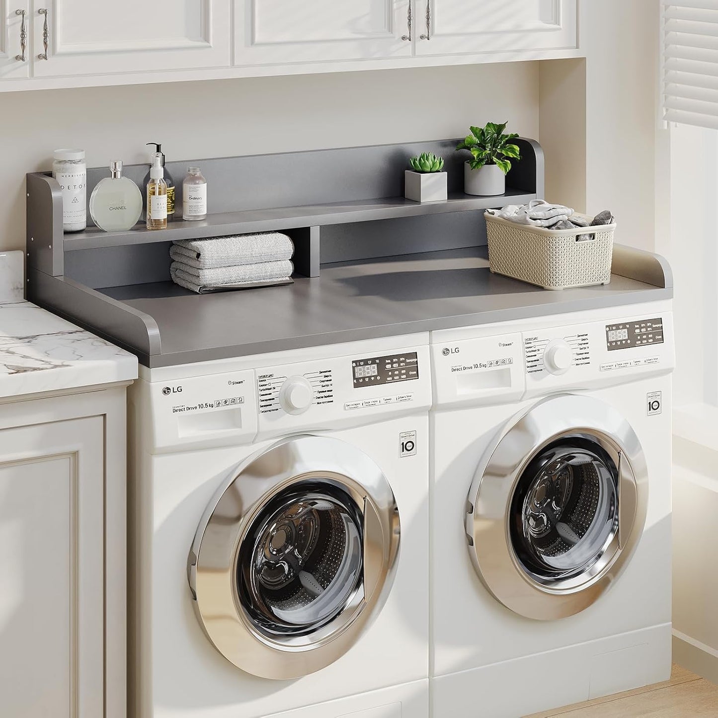 2-Tier Washer Dryer Countertop with 2.75" H Edge Rails, 54" W x 27.55" D Laundry Countertop for Folding Clothes, Washer and Dryer Topper with Non-Slip Pad (Dark Walnut)