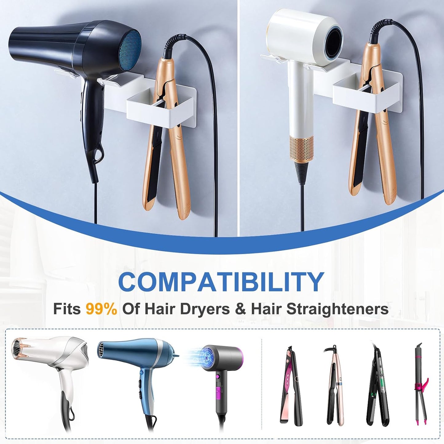 Hair Dryer Holder Wall Mounted, Hair Straightener Holder Metal, Adhesive Blow Dryer and Hair Straightener Holder, Bathroom Bedroom Hair Tool Organizer for Flat Iron,Curling Iron,Hairdryer (White)