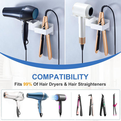 Hair Dryer Holder Wall Mounted, Hair Straightener Holder Metal, Adhesive Blow Dryer and Hair Straightener Holder, Bathroom Bedroom Hair Tool Organizer for Flat Iron,Curling Iron,Hairdryer (White)