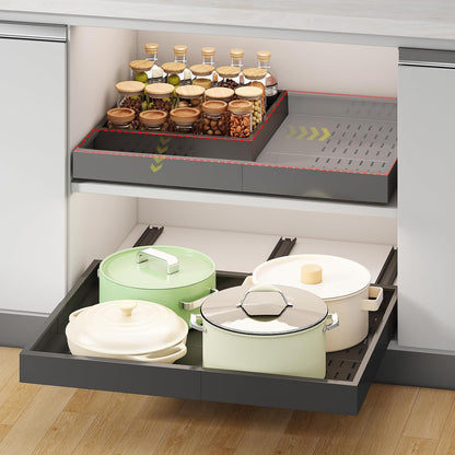 Fokyfok Pull Out Cabinet Organizer,23"-31"W,17"-24"D,Expandable,Adhesive | No Drill,5 Rails,Adjustable Slide out Drawers for Kitchen,Pantry,Roll out Shelves,Cabinets Without Lip,Framless,White,1PC