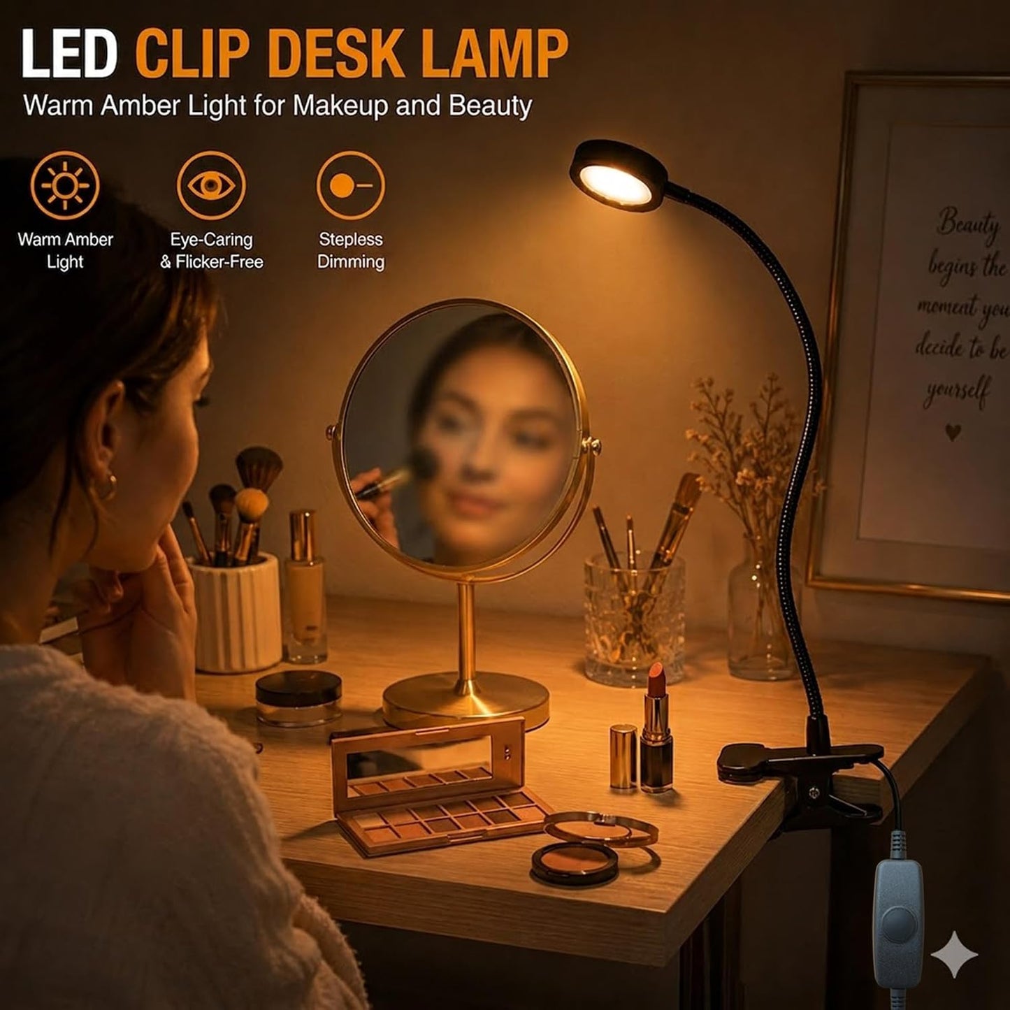 USB Clip-On Lamp, Eye Caring Dimmable Reading Light (Warm+Cool White, 8W) | Dimmable, Inline Switch, 1M Timer, USB 5V Port, 3000K+6000K, 81inch Long Cable, Flexible Gooseneck, Metal Head and Clip