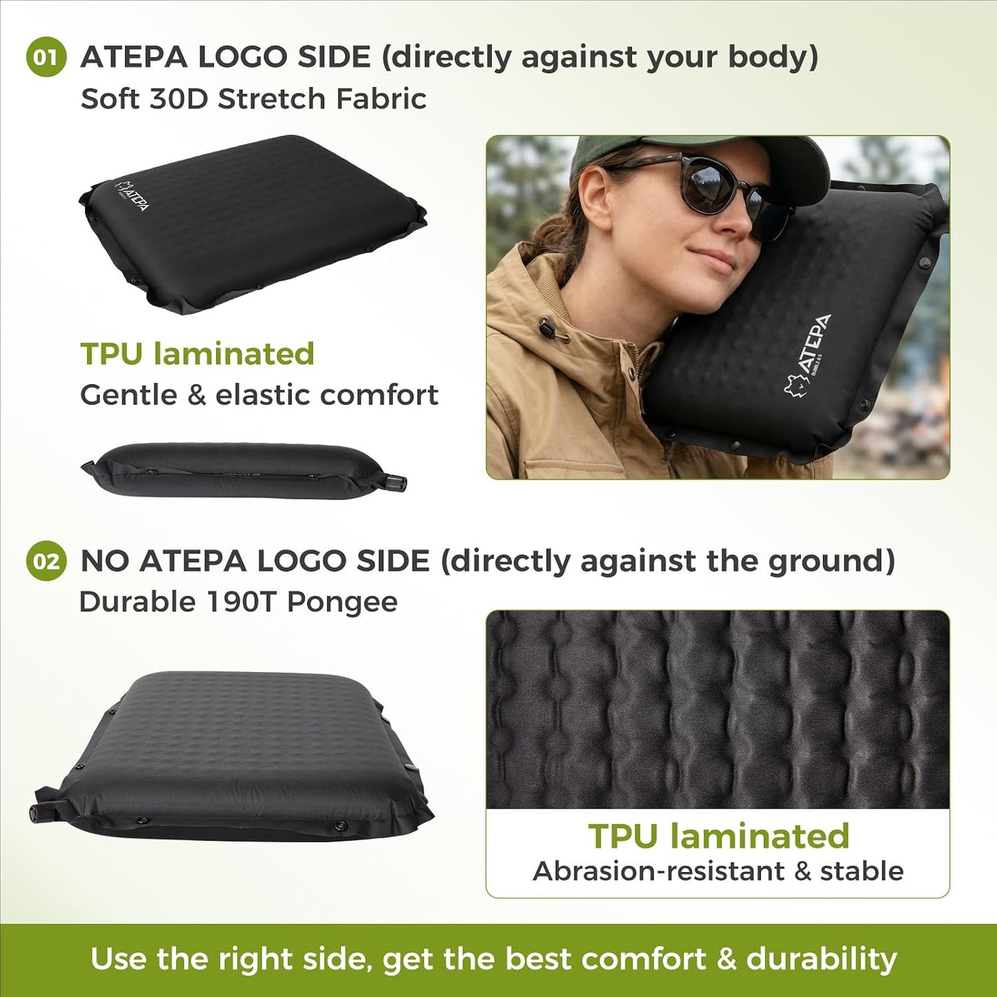 ATEPA Inflatable Seat Cushion | 2" & 2.5" foam core seat pad, Self inflating, Compact, Stadium, Airplane, Travel, Camping, Hiking, Sports events