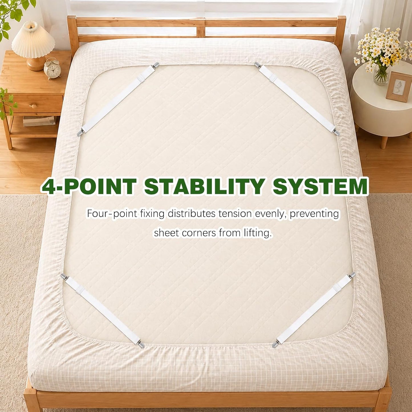 4-Pack White Adjustable Elastic Bed Sheet Straps, Non-Slip Fitted Sheet Holders for Crib to King Size Mattresses