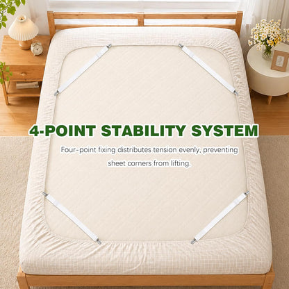 4-Pack White Adjustable Elastic Bed Sheet Straps, Non-Slip Fitted Sheet Holders for All Mattress Sizes