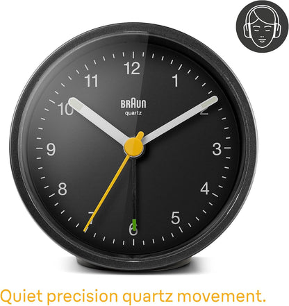 Braun Classic Analogue Alarm Clock with Snooze and Light, Quiet Quartz Movement, Crescendo Beep Alarm in Black, Model BC12B.