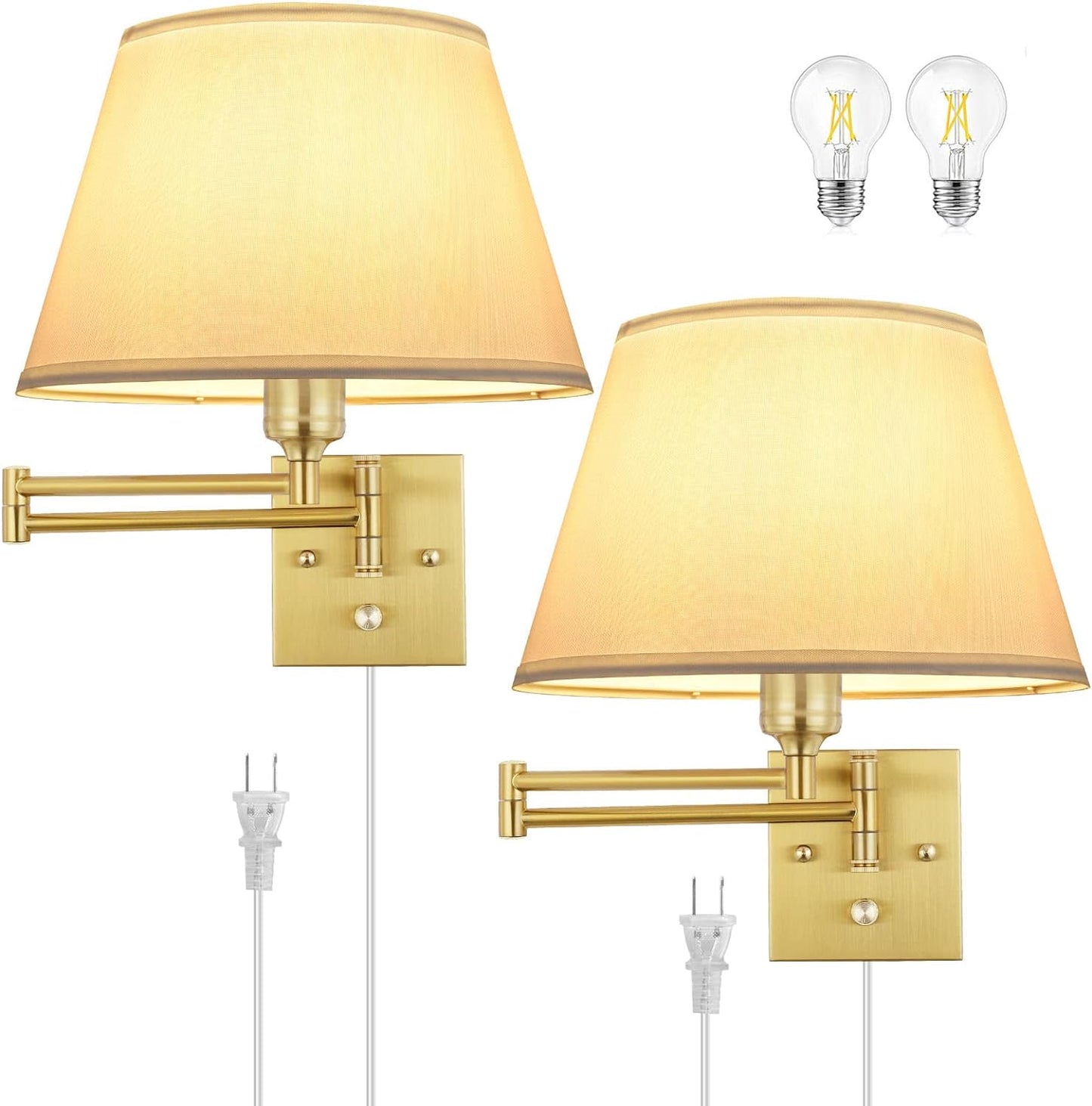 TRLIFE Wall Sconce Plug in, Dimmable Wall Sconces Set of Two Swing Arm Wall Lights with Plug in Cord and On/Off Dimmer Rotary Switch, 9.4" Medium Beige Fabric Shade(2 Pack, 2 Bulbs)