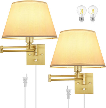 TRLIFE Wall Sconce Plug in, Dimmable Wall Sconces Set of Two Swing Arm Wall Lights with Plug in Cord and On/Off Dimmer Rotary Switch, 9.4" Medium Beige Fabric Shade(2 Pack, 2 Bulbs)