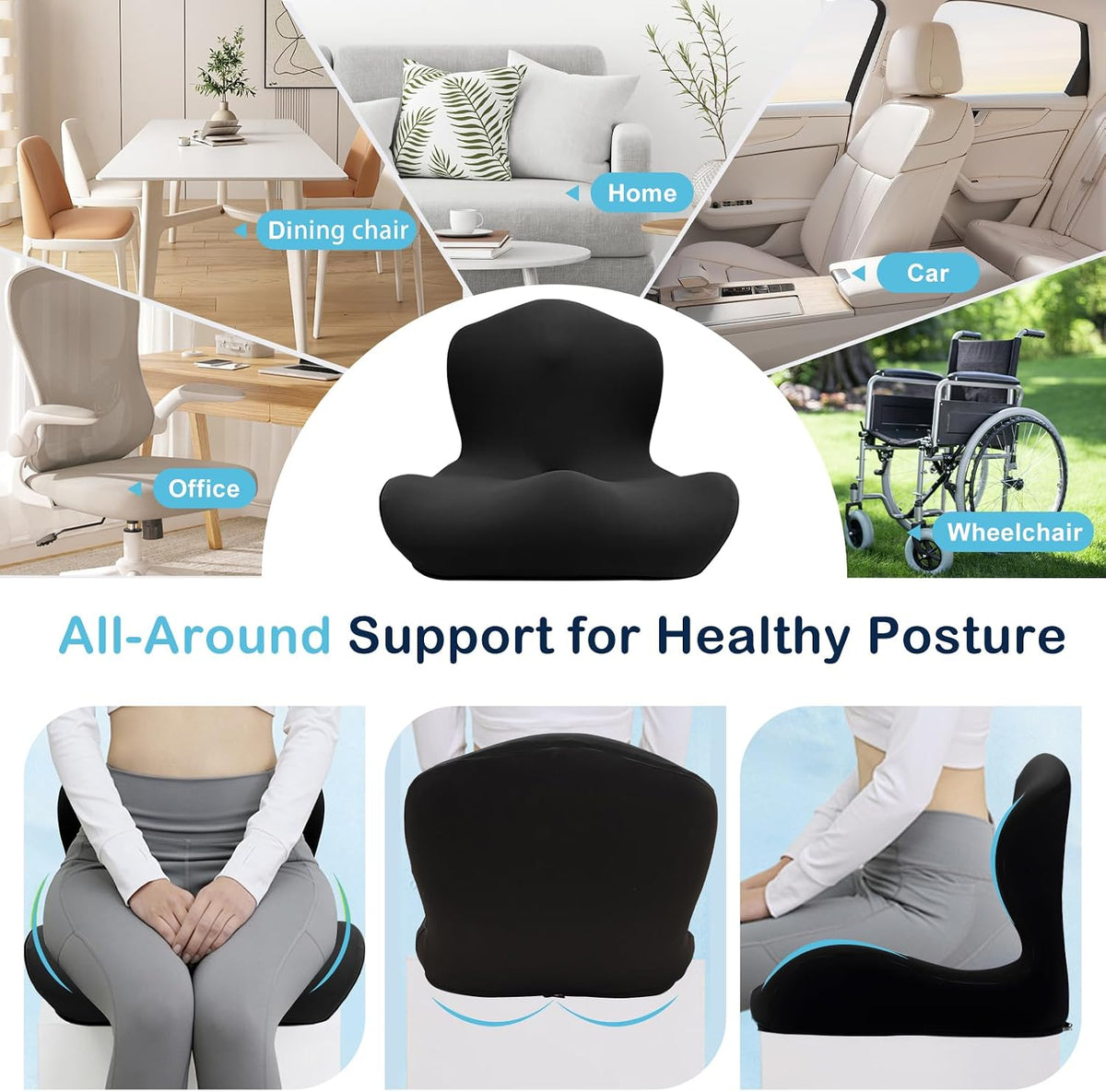 Seat Cushion for Office Chair and Car, L-Shaped Ergonomic Car Seat Cushions, Memory Foam Chair Cushion, Lumbar Support Pillow for Wheelchair, Car, Home, Office, Desk, Black