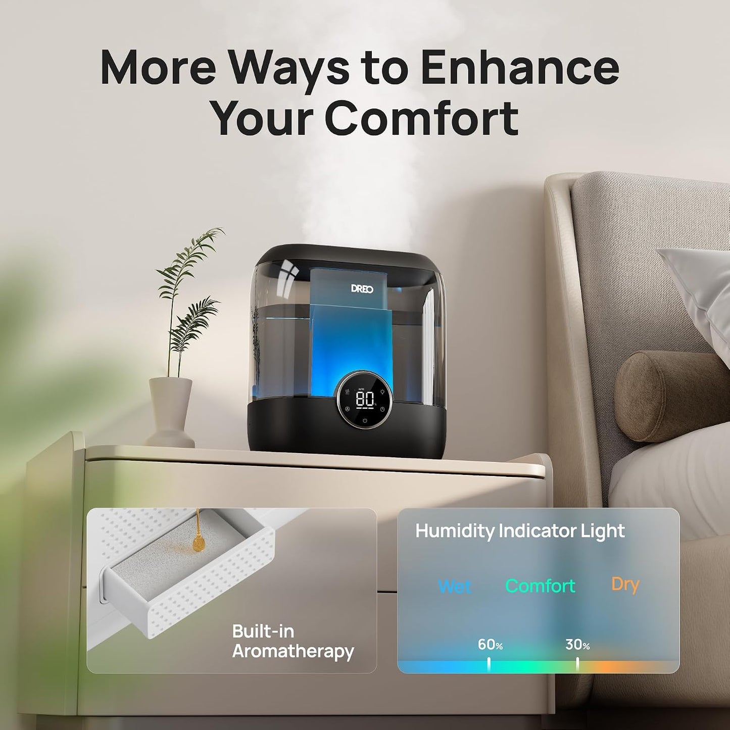 DREO 6L Smart Humidifiers for Bedroom, Large Room, 60H Runtime, Quiet 28dB | Top Fill Supersized Cool Mist Humidifier for Plants, Indoor, Home, Night Light, App/Touch/Voice Control, Black