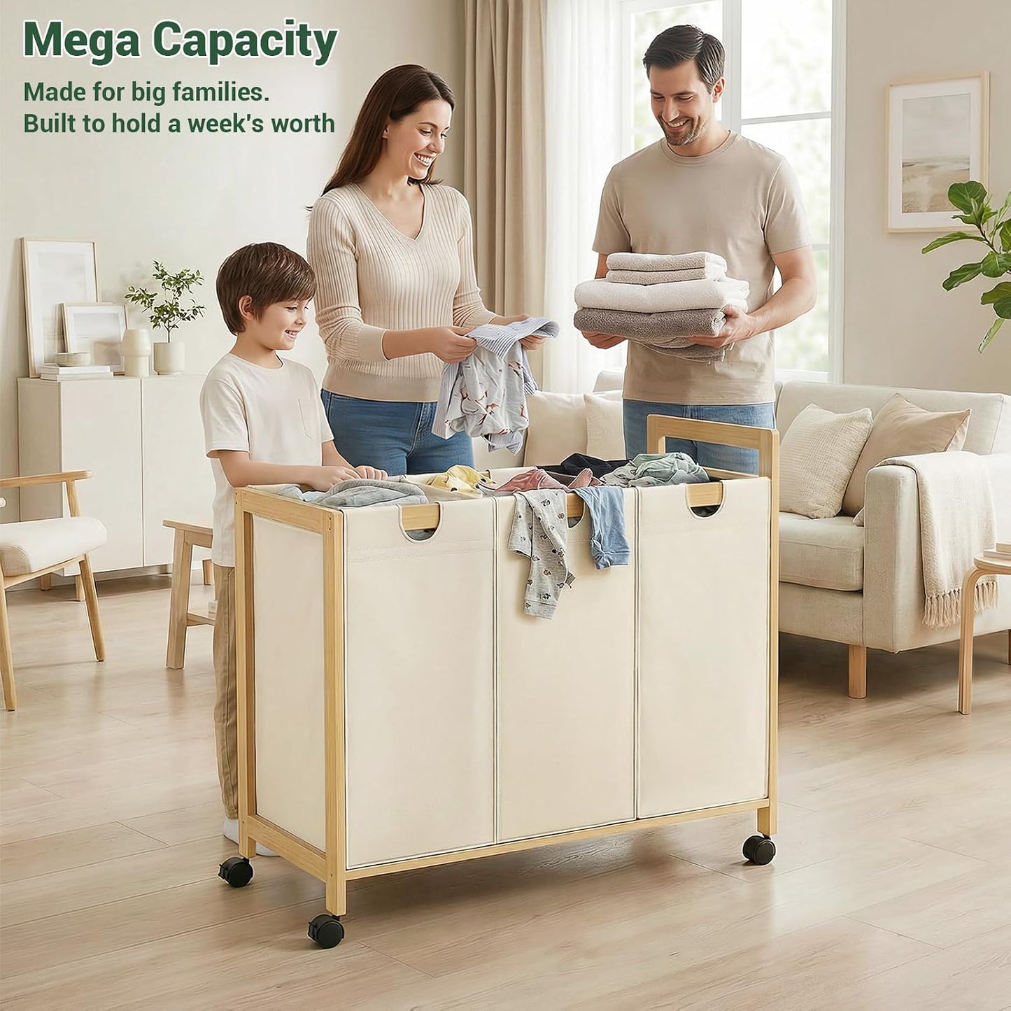 250L Laundry Sorter with Wheels, 3-Section Laundry Hamper, Black | 66 Gal Large Laundry Cart with Removable Bags, Rolling Laundry Basket, Water-Resistant, Bamboo Frame, Laundry Room Organizer