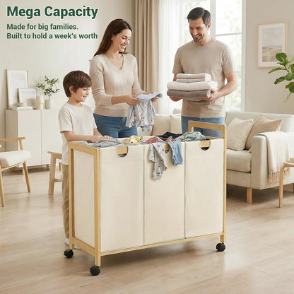 250L Laundry Sorter with Wheels, 3-Section Laundry Hamper, Black | 66 Gal Large Laundry Cart with Removable Bags, Rolling Laundry Basket, Water-Resistant, Bamboo Frame, Laundry Room Organizer