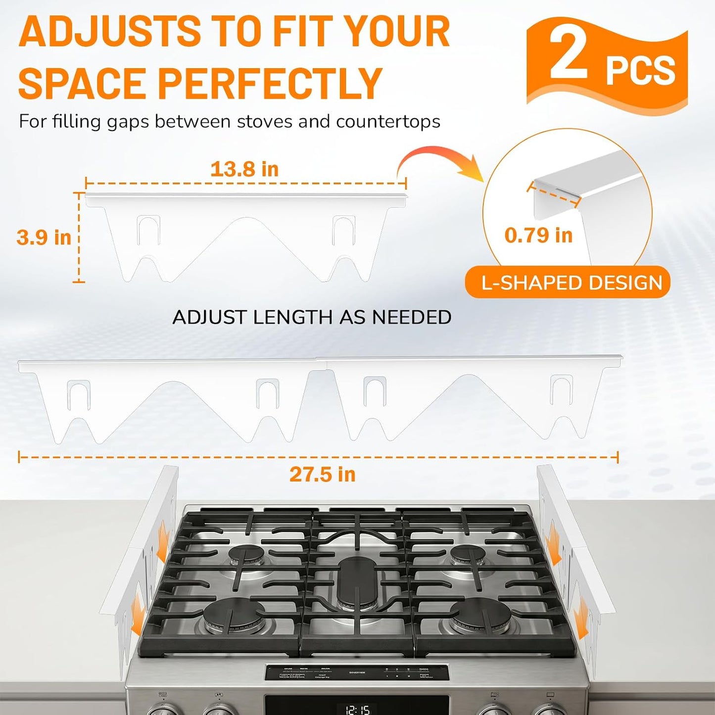 Stainless Steel Stove Gap Covers,Stove Gap Filler, Range Trim Kit, Stove Gap Guards, Heat Resistant and Easy to Clean, Easy retractable Length 13.8" to 27.5", Width 0.79",Black(2PCS)