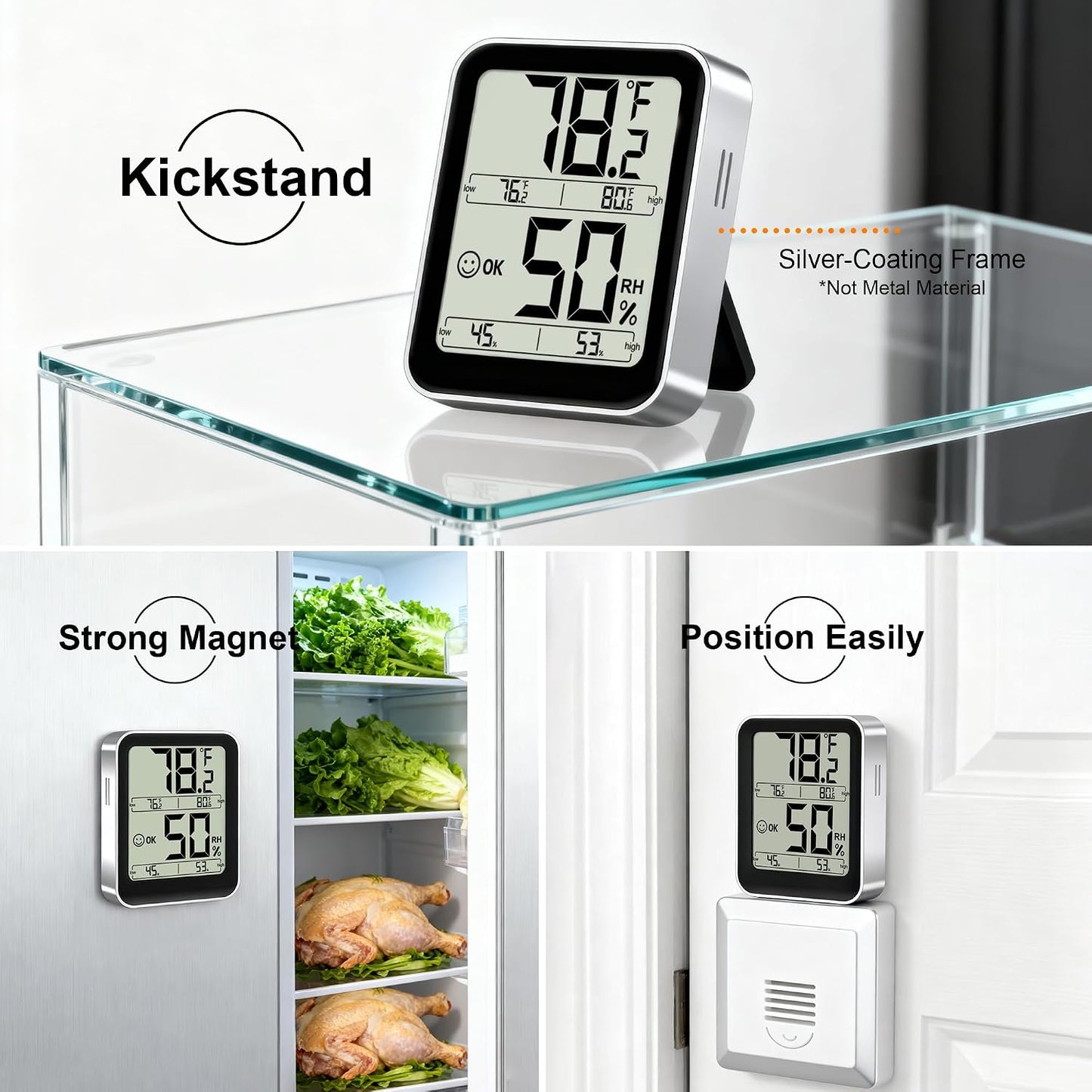 Indoor Thermometer Hygrometer, Max Min Records, w/Battery | Real-time comfort indicator, 5s refresh, Easy To View, Magnetic/Stand, °F/°C switch for home, office, nursery, greenhouse