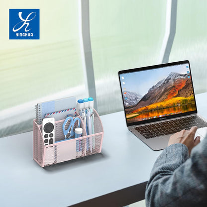 YINGHUA 3 Compartment Magnetic Metal Mesh Pen Holder, Black Desk Caddy | Perfect magnetic organizer for locker, whiteboard, refrigerator, or office. Easily holds pens and accessories