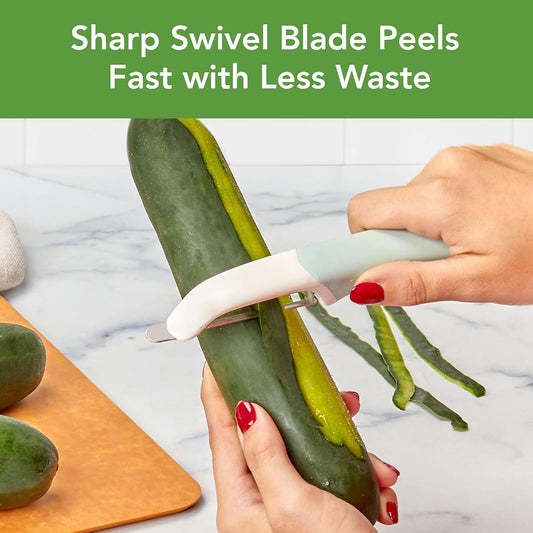 Tovolo Vegetable Peeler with Ultra Sharp Stainless Steel Swivel Blade Non Slip Handle, Multi Functional Dishwasher Safe Kitchen Wide Ribbon Potato Peeler for Fruit Veggies Carrots Apples, Oatmeal