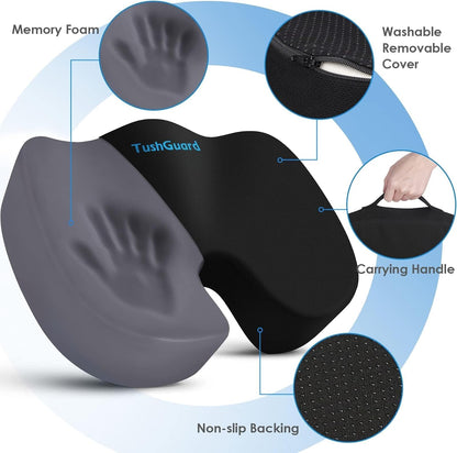 TushGuard Seat Cushion for Office Chair, Car, Memory Foam, Black Large | For Back, Coccyx, Sciatica, Tailbone Pain, Ergonomic Design, Non-Slip, Desk Wheelchair Use, Supportive Butt Pillow, For Man