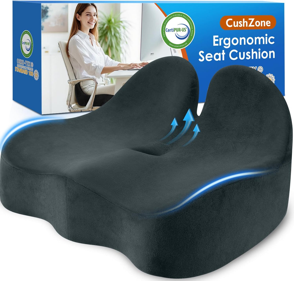 CushZone Ergonomic Seat Cushion, Sciatica Support for Office Chair, Black