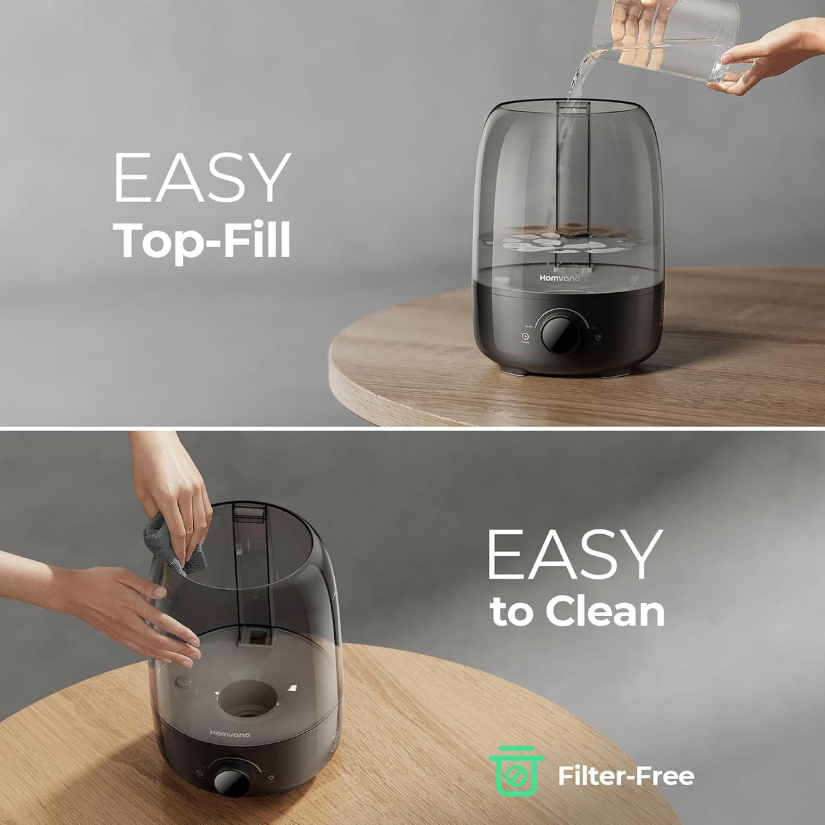 Homvana Top-Fill Cool Mist Humidifiers for Bedroom, Large Room(4L,Black)