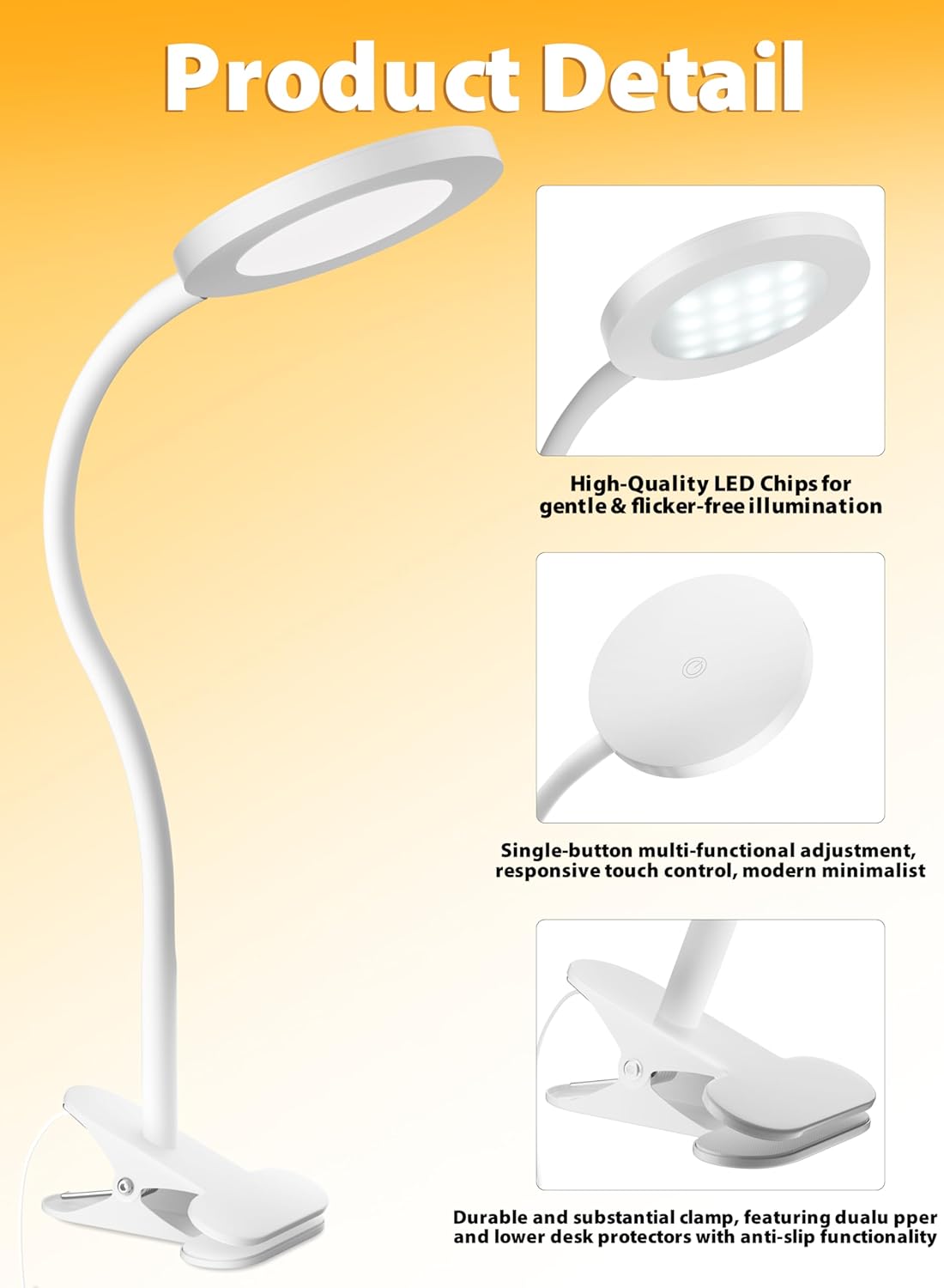White Clip On Reading Light, 450LM Book Light, CRI95, 3 Modes Stepless Dim | CRI95 eye-caring LED provides natural lighting for reading, studying, and bedside use with adjustable brightness and modes