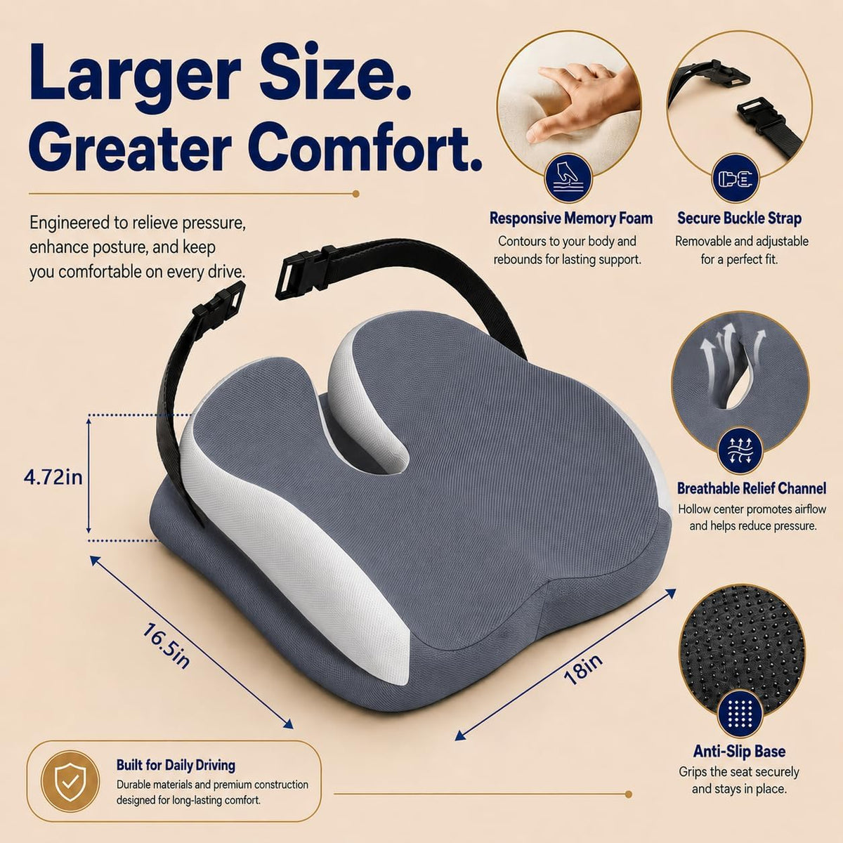 Memory Foam Ergonomic Seat Cushion for Office Chairs Pain Relief
