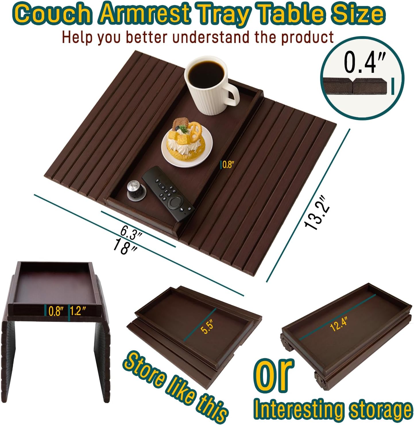 Bamboo Couch Arm Tray Table，Foldable Sofa Armrest Tray Table for Couch，Flexible and Anti-Slip Couch Arm Cup Holder，Portable Sofa Arm Chair Table for Drink,Cups, Eats，Snacks, Phone, Remote